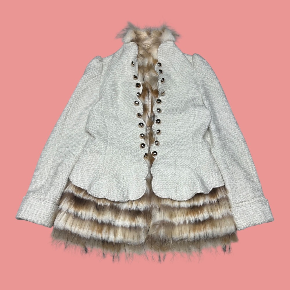 Cream Tweed Faux Fur Lined Peplum Jacket Gold Buttons Silk Blend Sz 4